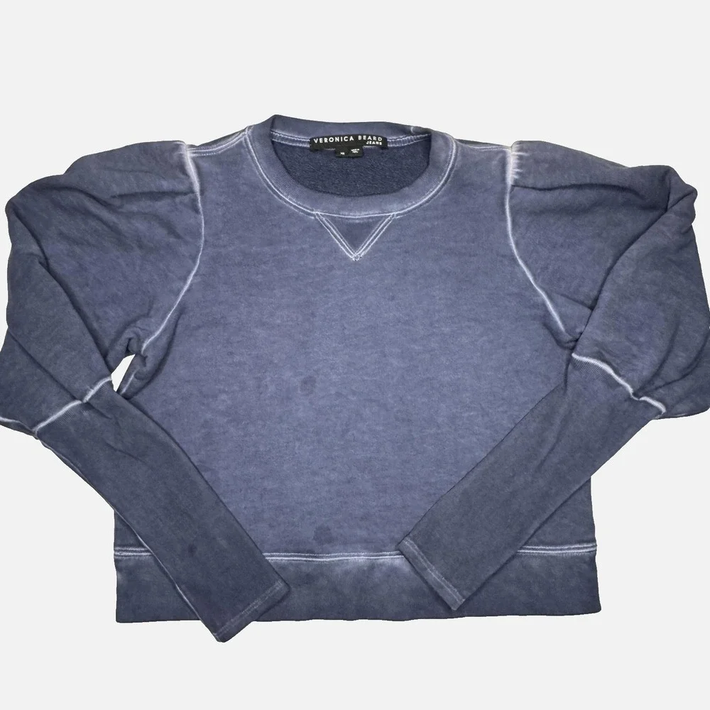 Veronica Beard Jeans Sweatshirt Womens XS Blue Pima Cotton Puff Sleeve Crewneck - Picture 1 of 8